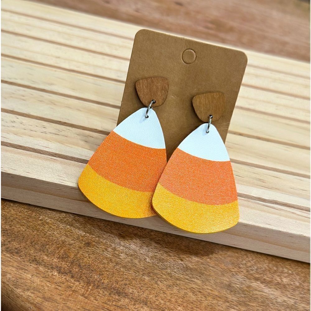 Candy Corn Halloween Yellow White &โOrange Wood Earrings